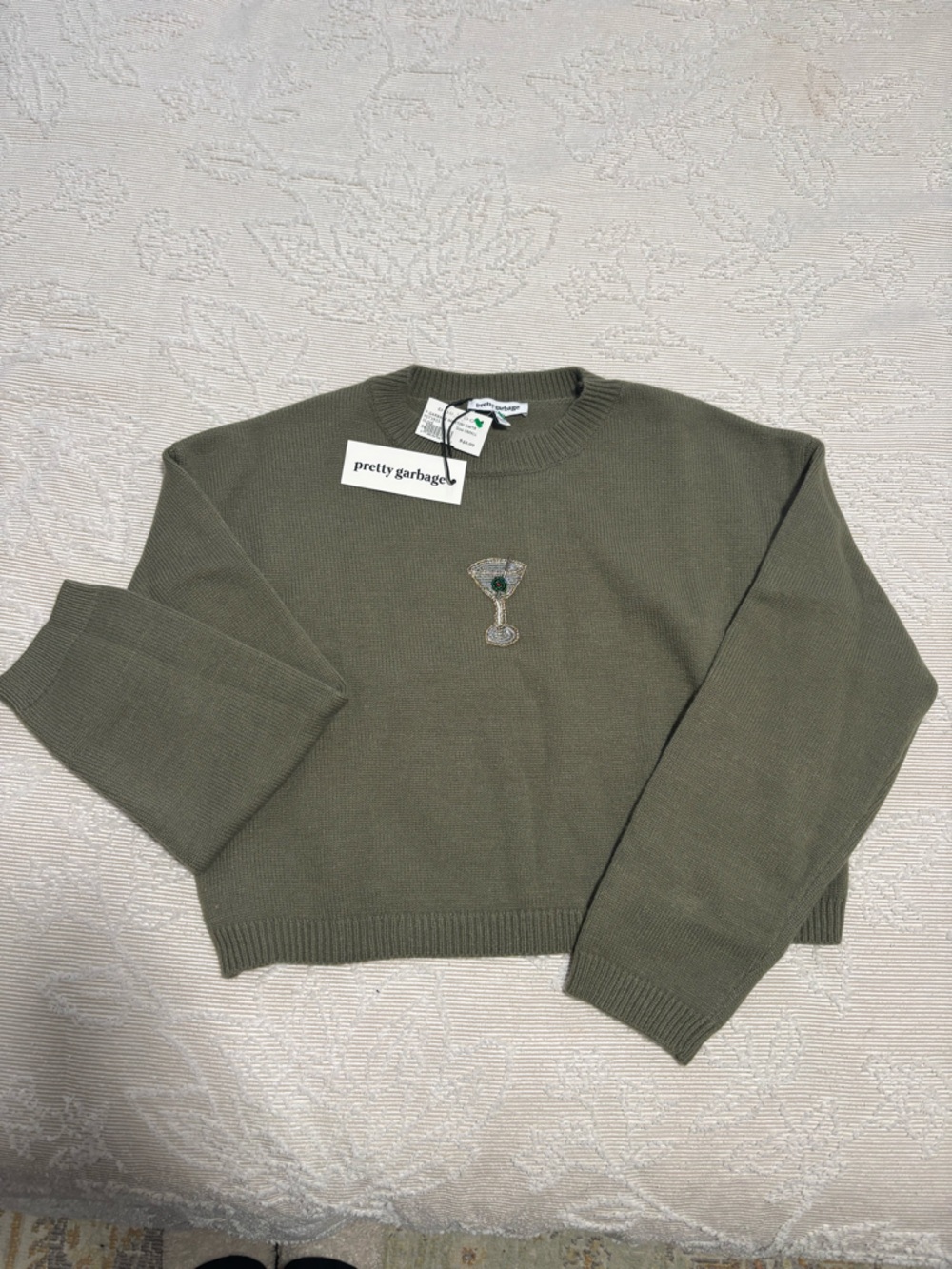 Pretty Garbage Olive Crewneck Sweater with Embroidered Goblet